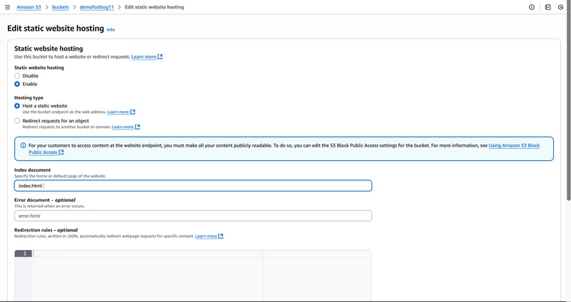 Enable static website hosting