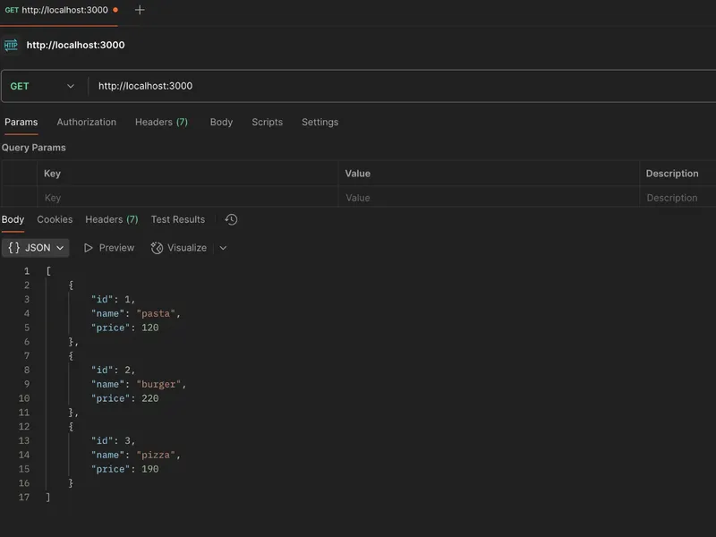 GET request for all menu items in Postman