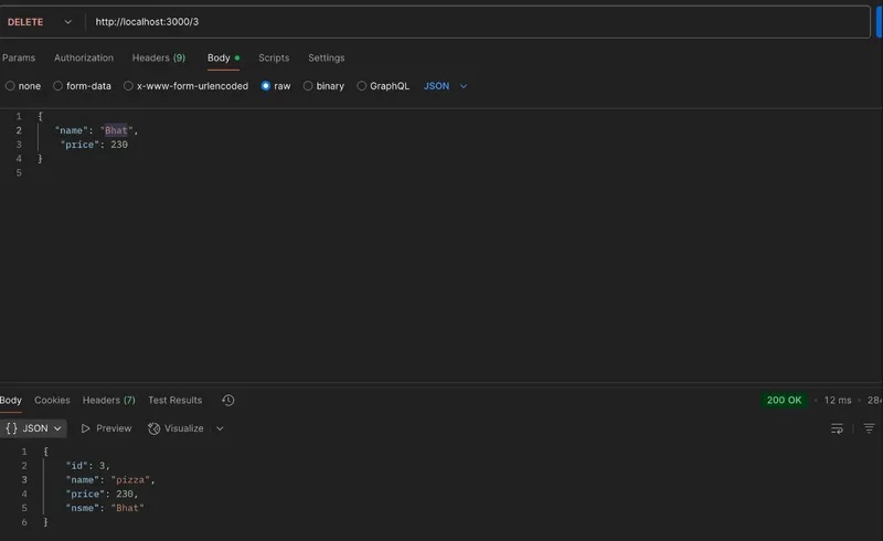 DELETE request to remove menu item in Postman